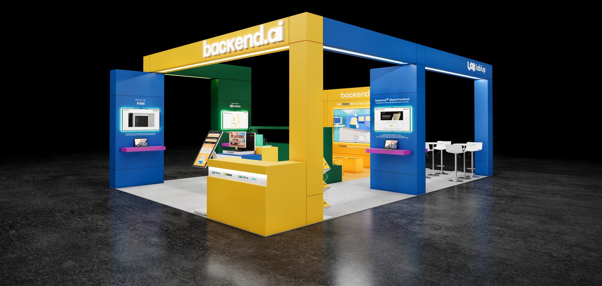 SC26 Backend.AI booth rendering: a yellow backend.ai frame and a blue lablup frame over Intel, NVIDIA, and Backend.AI Slurm Frontend screens and a meeting area.
